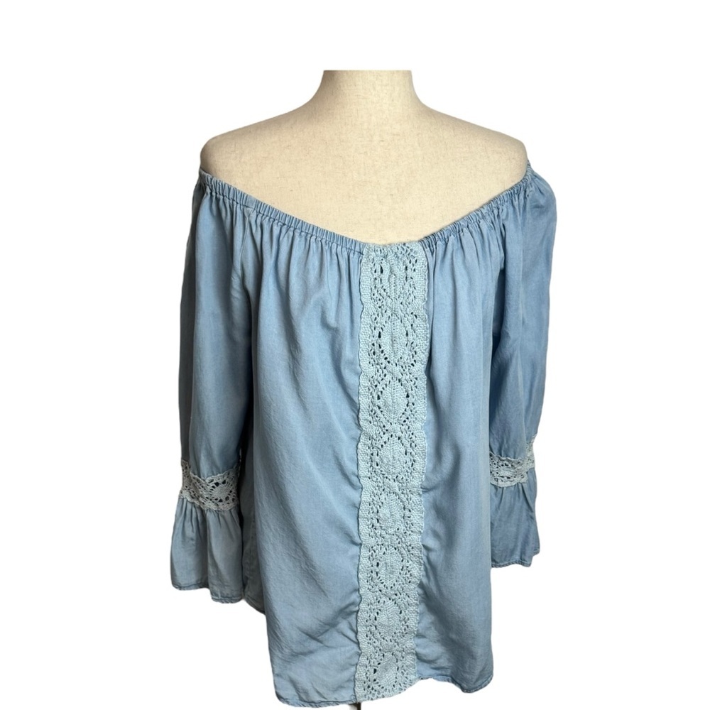 Alison‎ Andrew Blue Lace Detail Top size 1X peasant boho festival bell sleeve - Picture 9 of 10